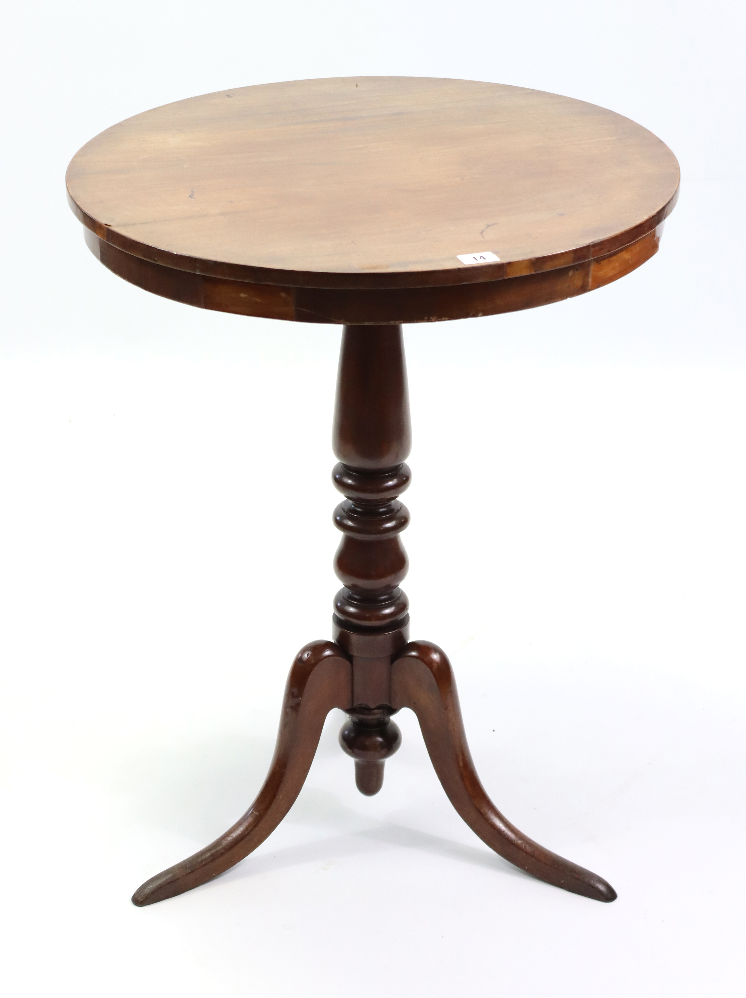 A late 19th century mahogany tripod table with circular top, & on vase-turned centre column &
