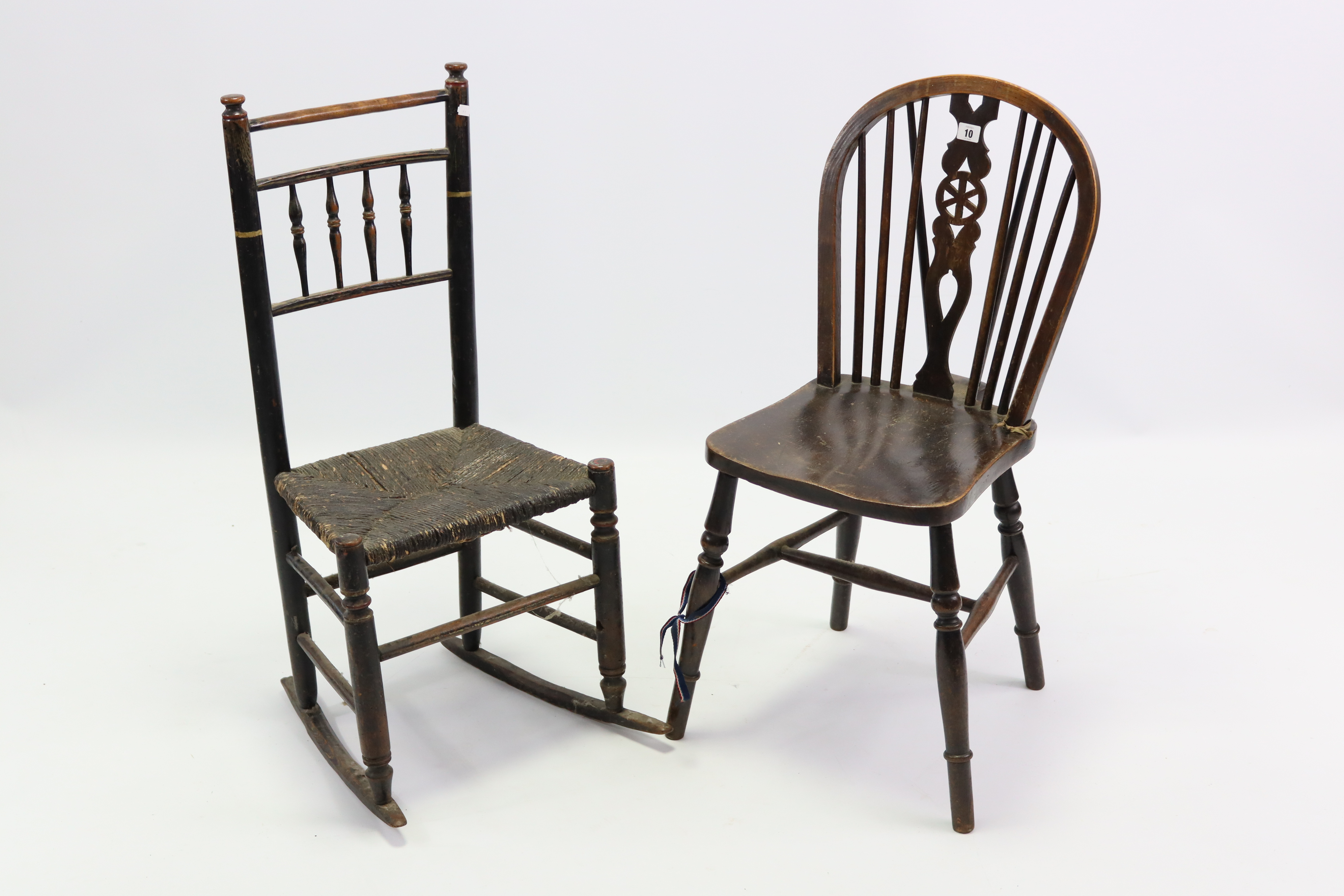 Three wheel-back kitchen chairs with hard seats & on turned legs with spindle stretchers; together - Image 3 of 3