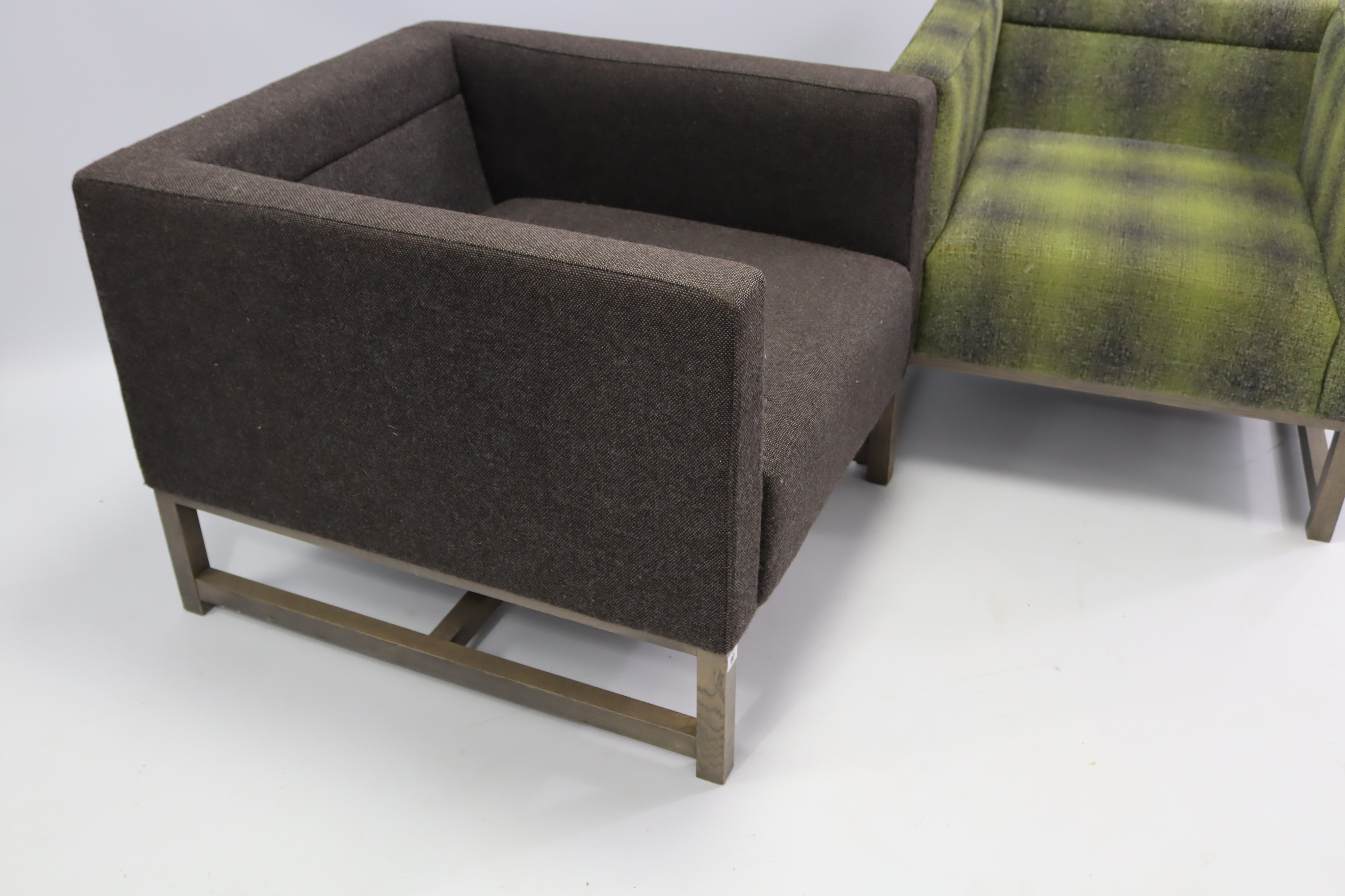 Two square-back easy chairs (one upholstered grey material, the other green chequered material) & on - Image 3 of 3