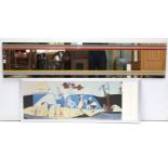 A rectangular frameless wall mirror; various decorative pictures; & various items of household