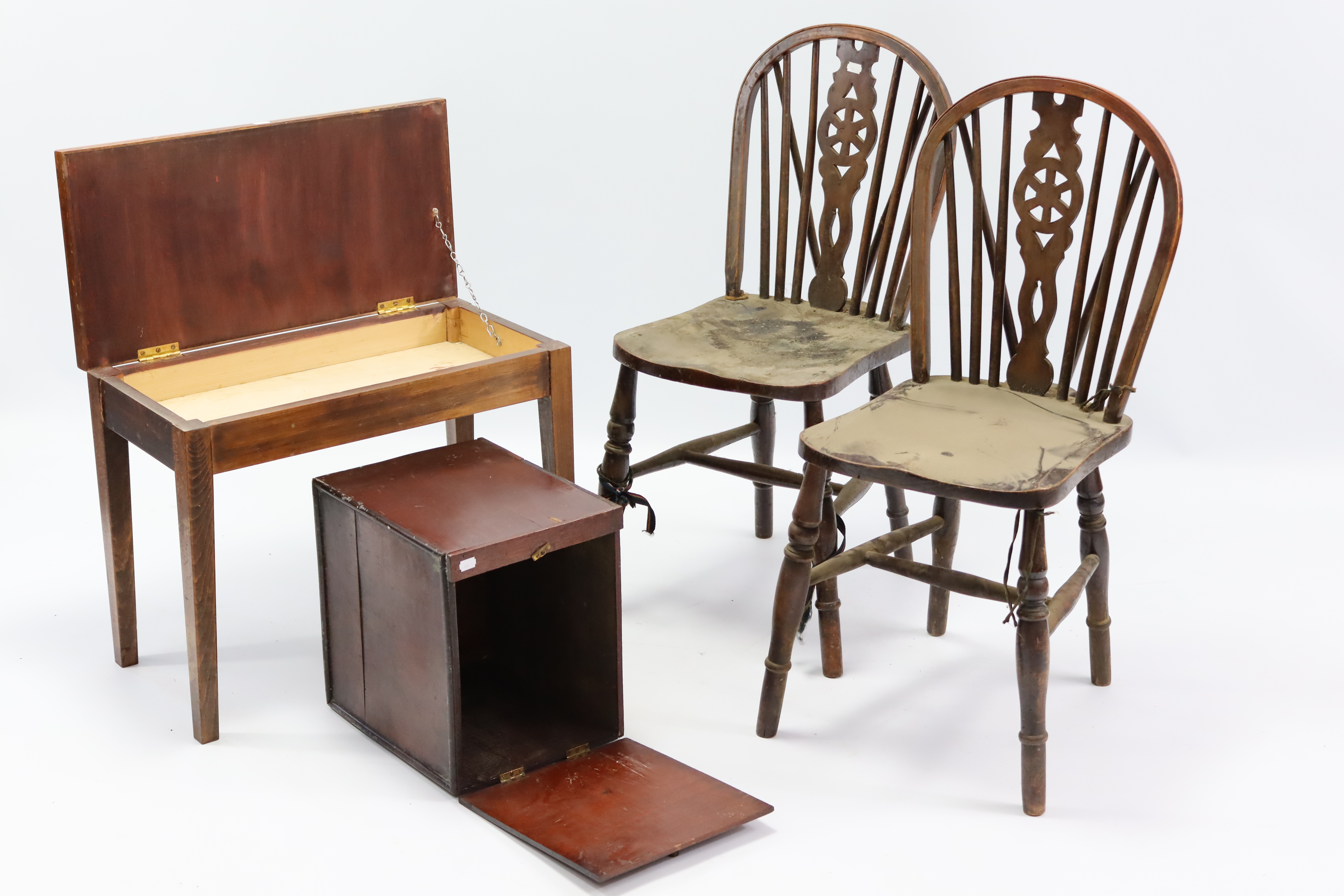 Three wheel-back kitchen chairs with hard seats & on turned legs with spindle stretchers; together - Image 2 of 3