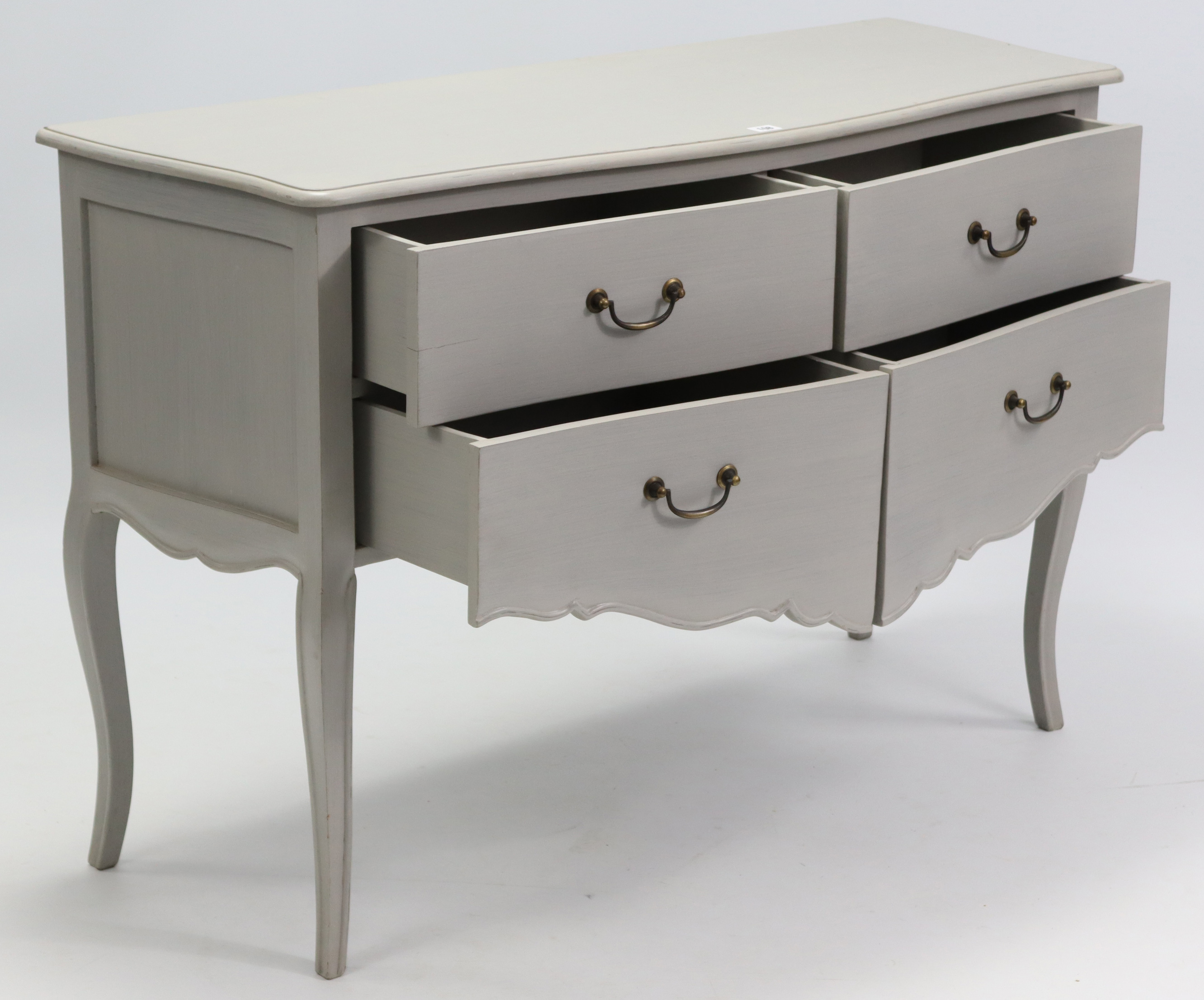 A continental-style light grey painted wooden “bombé” chest, fitted with an arrangement of four - Image 2 of 2