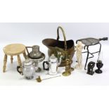 A brass helmet-shaped coal scuttle; a brass trivet; a shoe-last; & sundry other items.