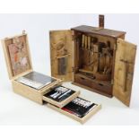 An Artist’s portable paint-box/easel, with contents; & a wooden upright tool chest; & various hand