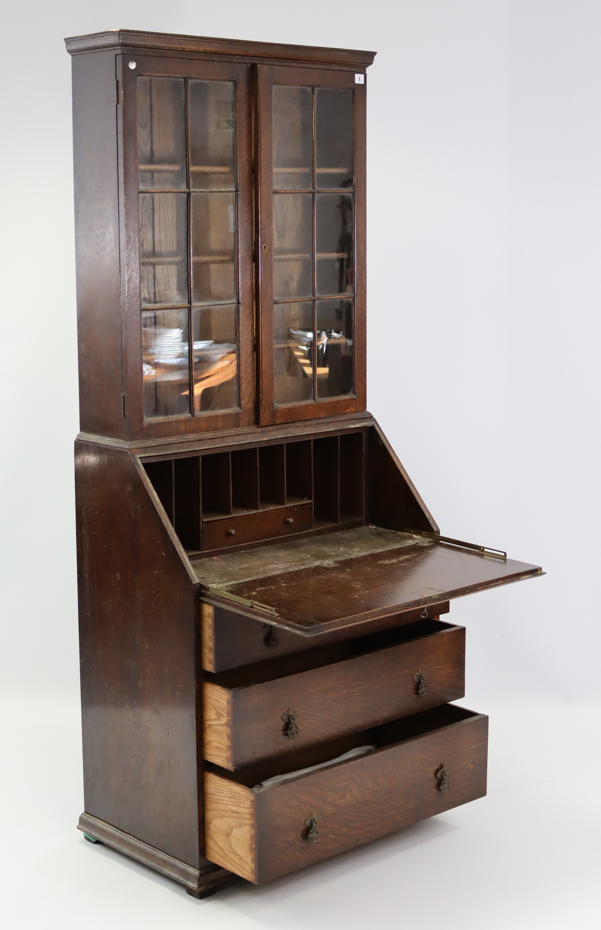 A mid-20th oak bureau/bookcase, the upper part with three adjustable shelves enclosed by pair of - Image 2 of 3