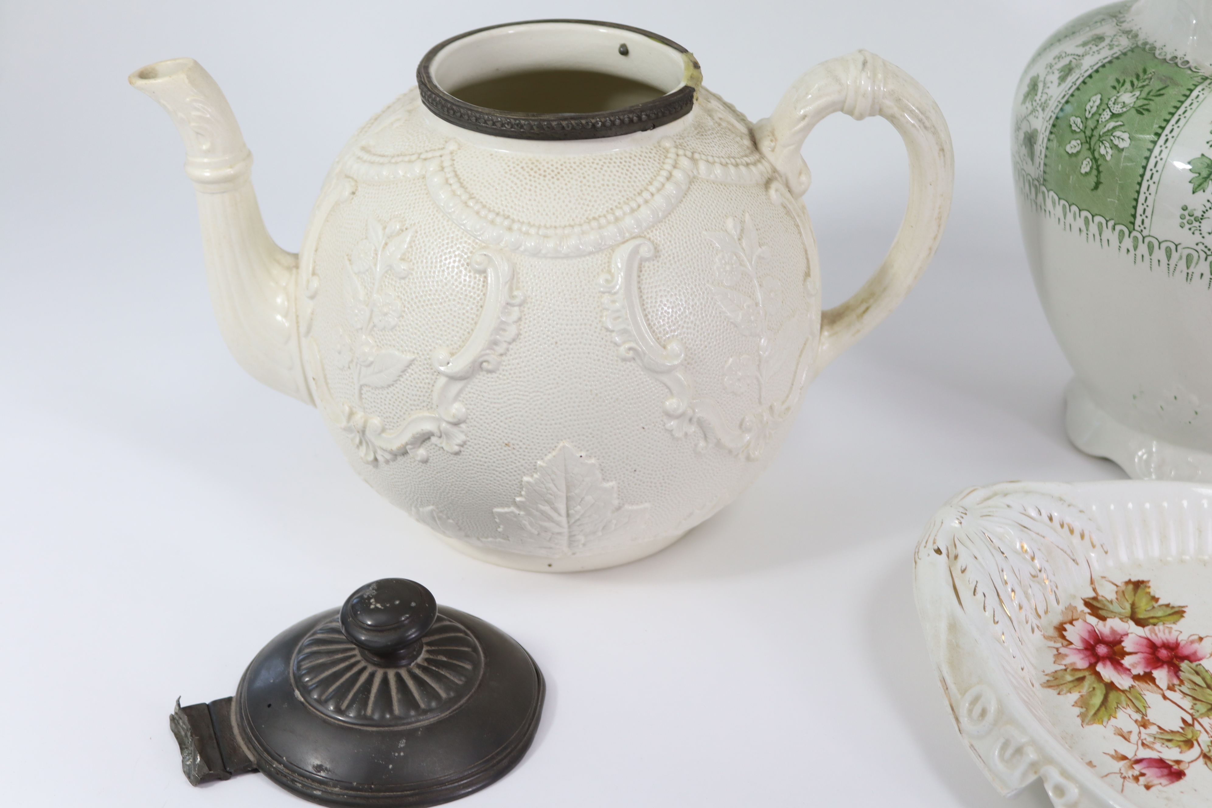 A large feldspathic stoneware cream-coloured teapot of spherical form with hinged pewter lid & - Image 3 of 8