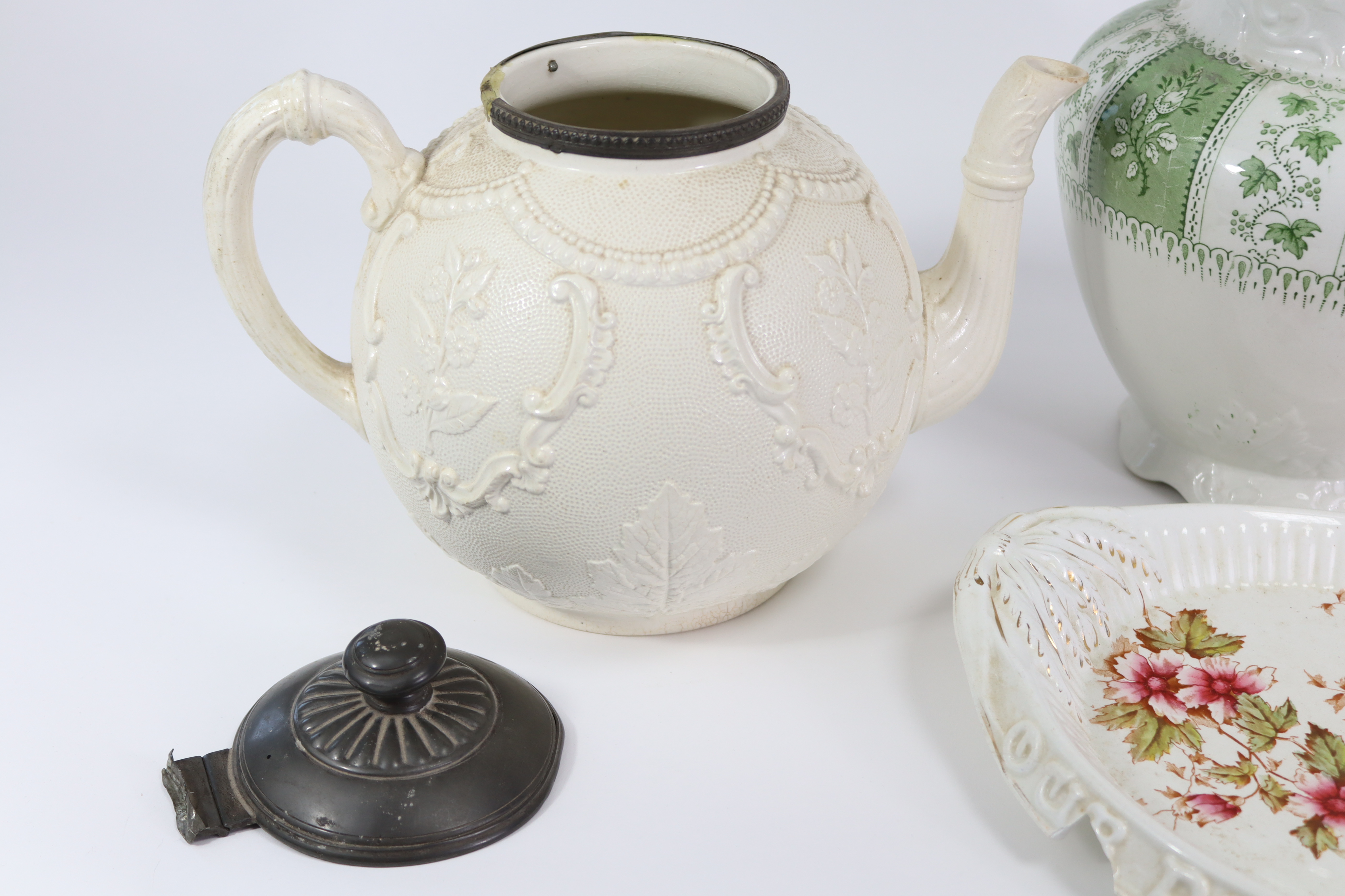 A large feldspathic stoneware cream-coloured teapot of spherical form with hinged pewter lid & - Image 2 of 8