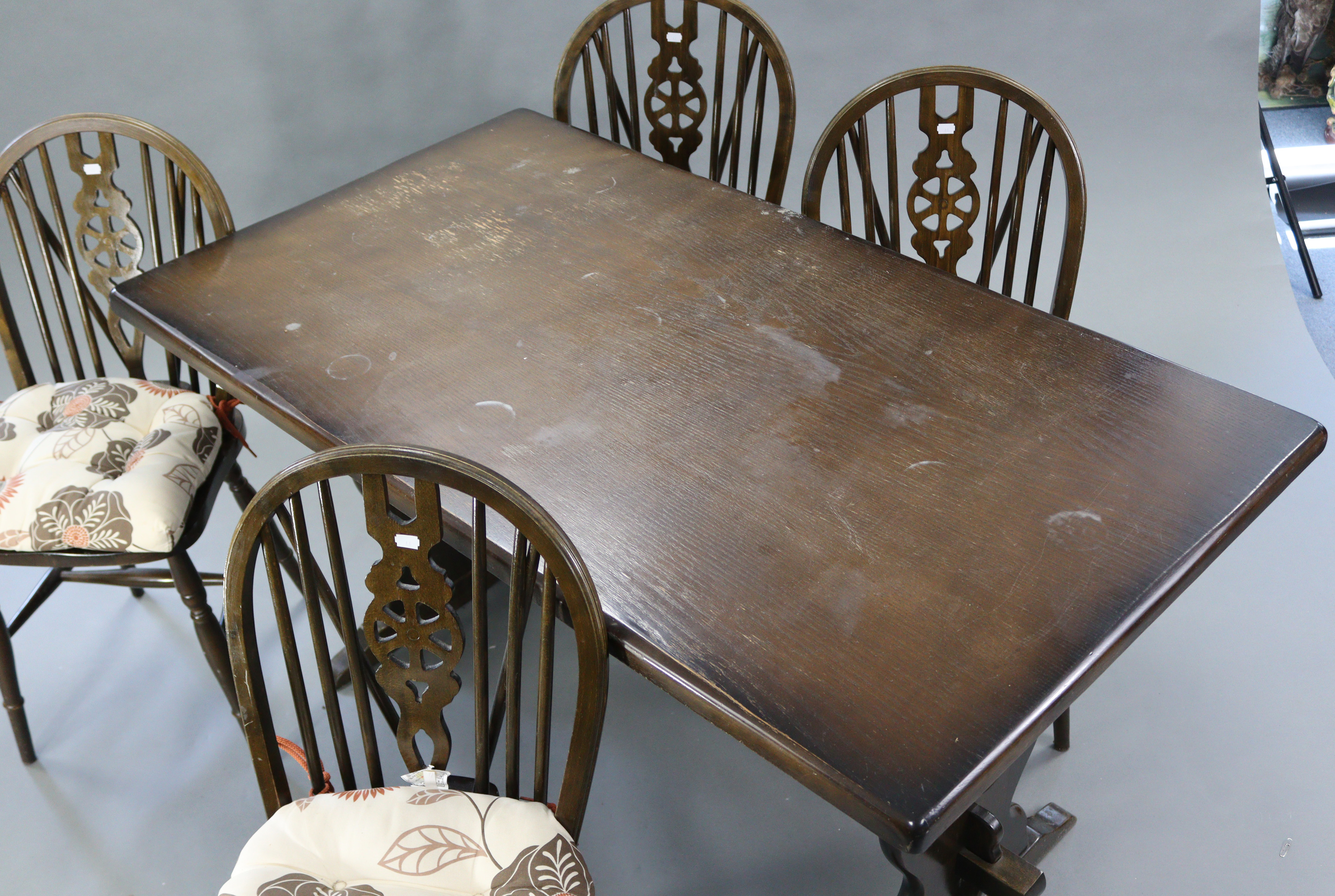 An oak refectory table with rectangular top, & on shaped end supports joined by plain centre - Image 2 of 2