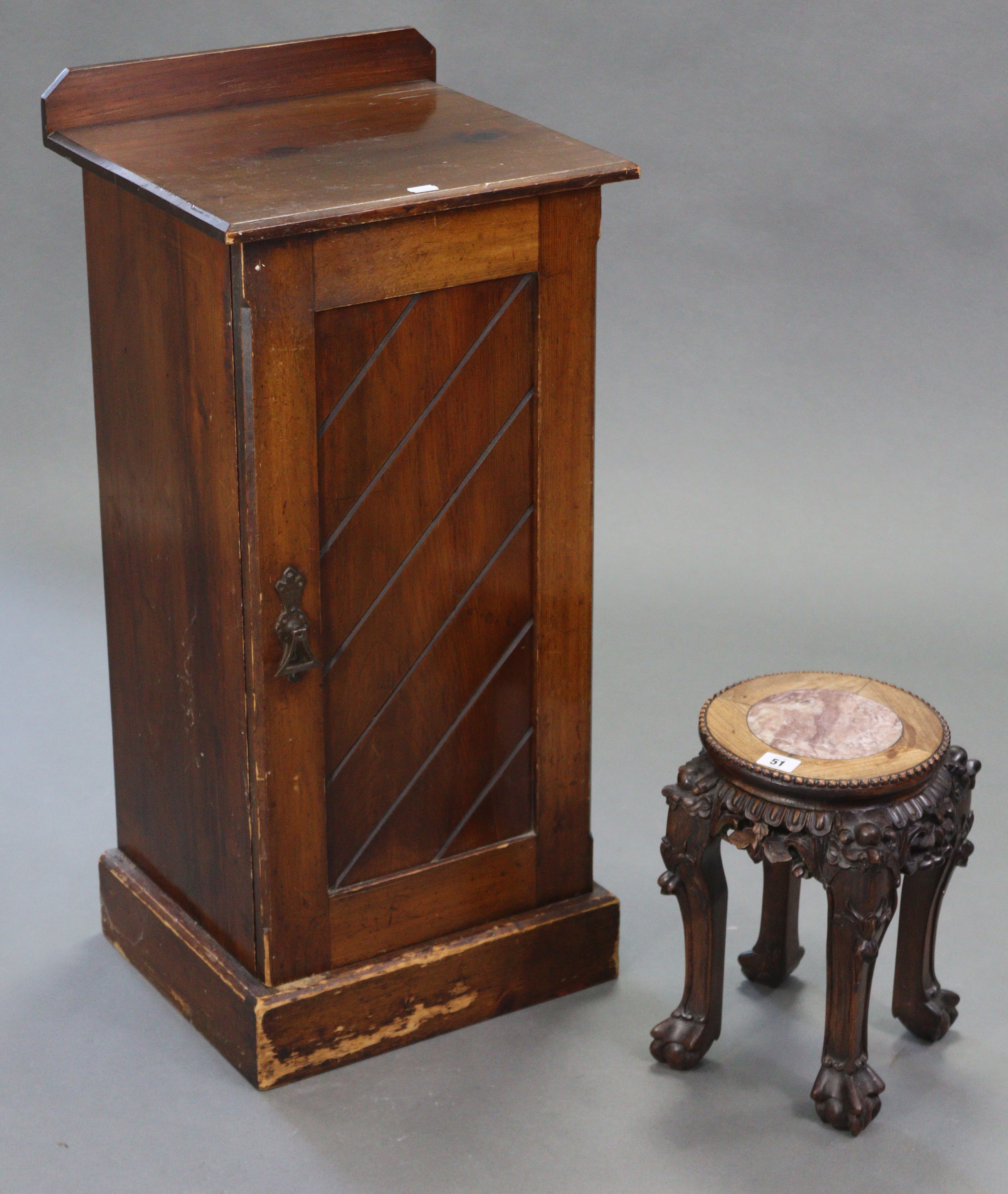 A Chinese-style carved hardwood jardinière stand inset marble to the circular top, & on four - Image 2 of 4