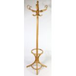 A beech hat & coat stand with six scroll arms, 73” high.