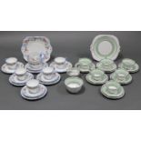 A Grosvenor china Art Deco style tea service of twenty one items with silver resist & green banded