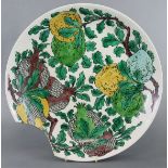 A Chinese famille verte porcelain large shallow dish, the interior incised with a five-clawed dragon