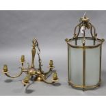 A late 19th century brass hall lantern, 20½” high; together with a five branch brass ceiling light