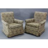 A pair of 1930’s armchairs upholstered stylised floral material, on short feet with Shepherd’s