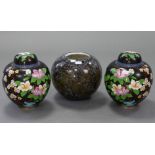 A pair of cloisonné floral decorated ginger jars, 8½” high; & an art-glass globular vase, 7” high.