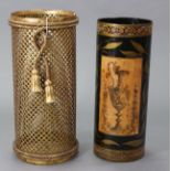 A cylindrical stick stand with printed decoration of a classical urn; 18” high x 7” diam.; & another