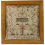 CHANNEL ISLANDS INTEREST: An early 19th century needlework sampler with text in French &