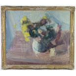 FRANCIS HOYLAND (Born 1930). A still-life study of flowers on a table top. Oil on canvas: 25” x