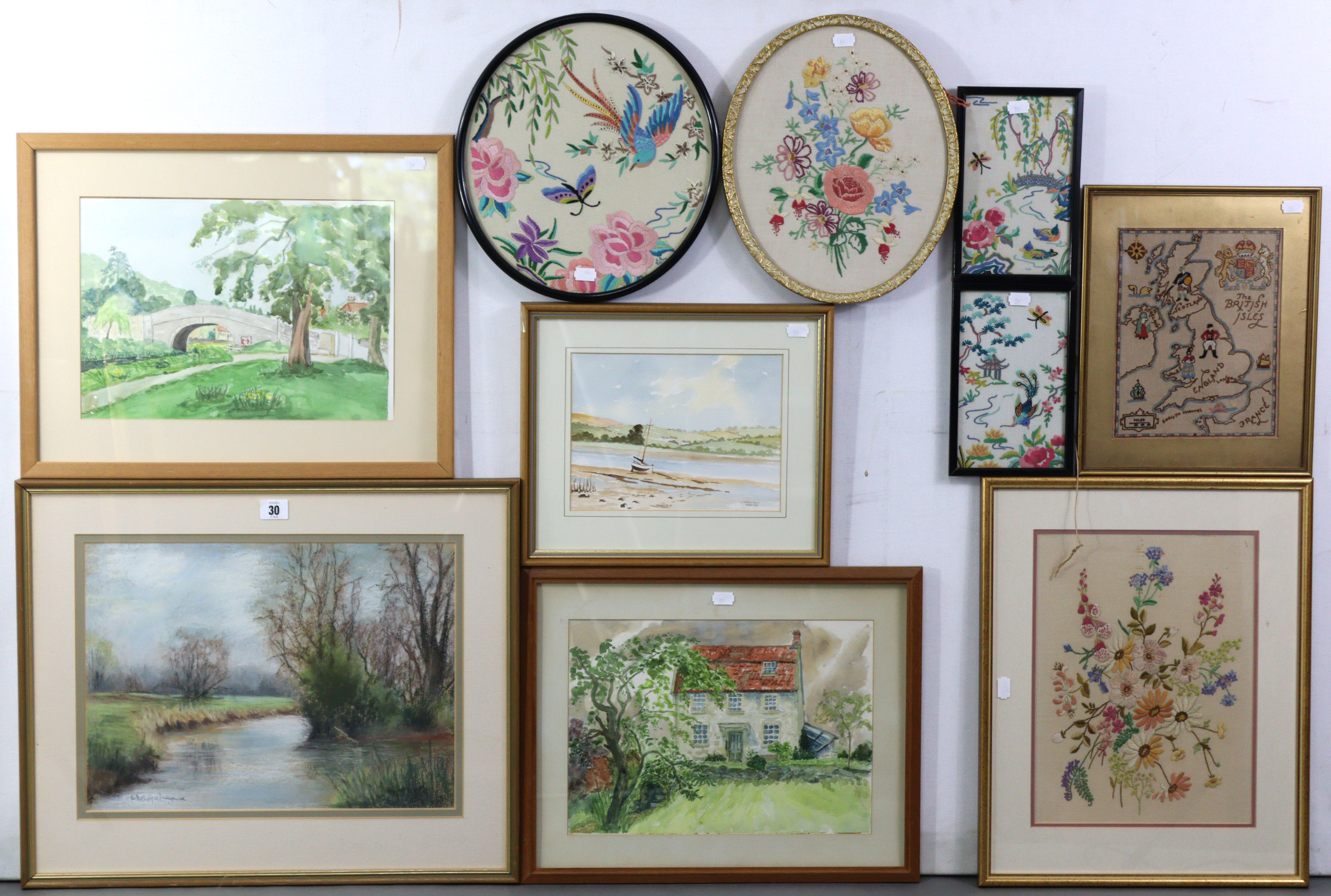 Four watercolour paintings; & six various embroidered pictures, each in glazed frame.