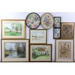 Four watercolour paintings; & six various embroidered pictures, each in glazed frame.