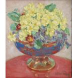 ALFRED PALMER R. O. I. (1877-1951). A still-life study of primroses in a copper-lustre bowl. Signed;