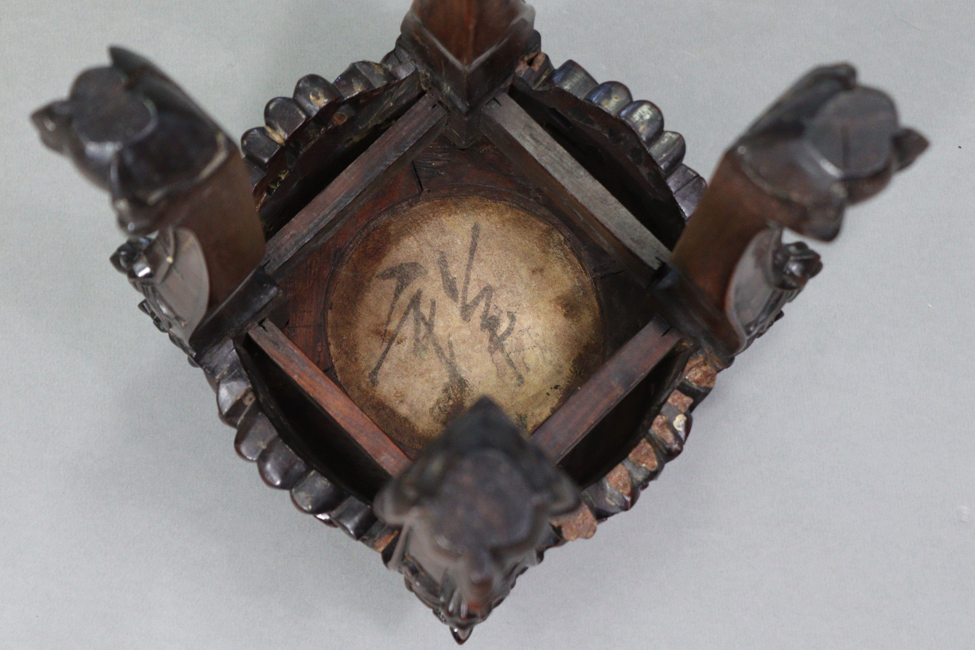 A Chinese-style carved hardwood jardinière stand inset marble to the circular top, & on four - Image 4 of 4