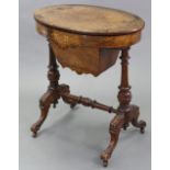 A mid-Victorian inlaid burr-walnut oval work table, the hinged lift-lid enclosing numerous