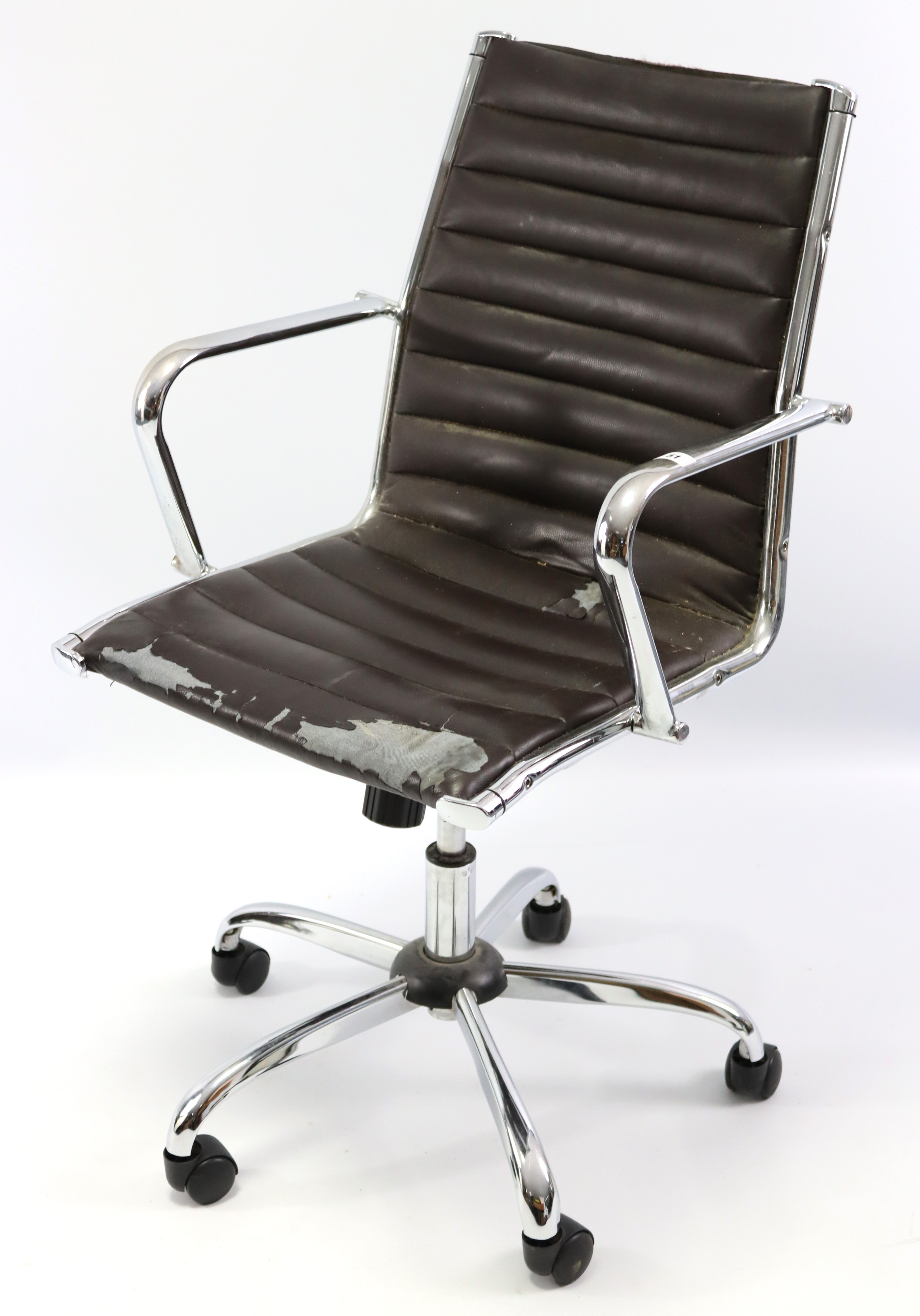 A modern silvered-metal swivel office chair; & a dwarf three-drawer filing chest.