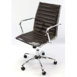 A modern silvered-metal swivel office chair; & a dwarf three-drawer filing chest.