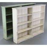 A pale green painted pine standing open bookcase fitted six shelves, & on plinth base; & a ditto