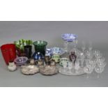 Two sets of six champagne glasses; two decanters; various cut glass bowls; coloured glass; Victorian