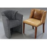 A brass-studded & brown leatherette bedroom chair on square tapered legs; & a dark grey tub-shaped