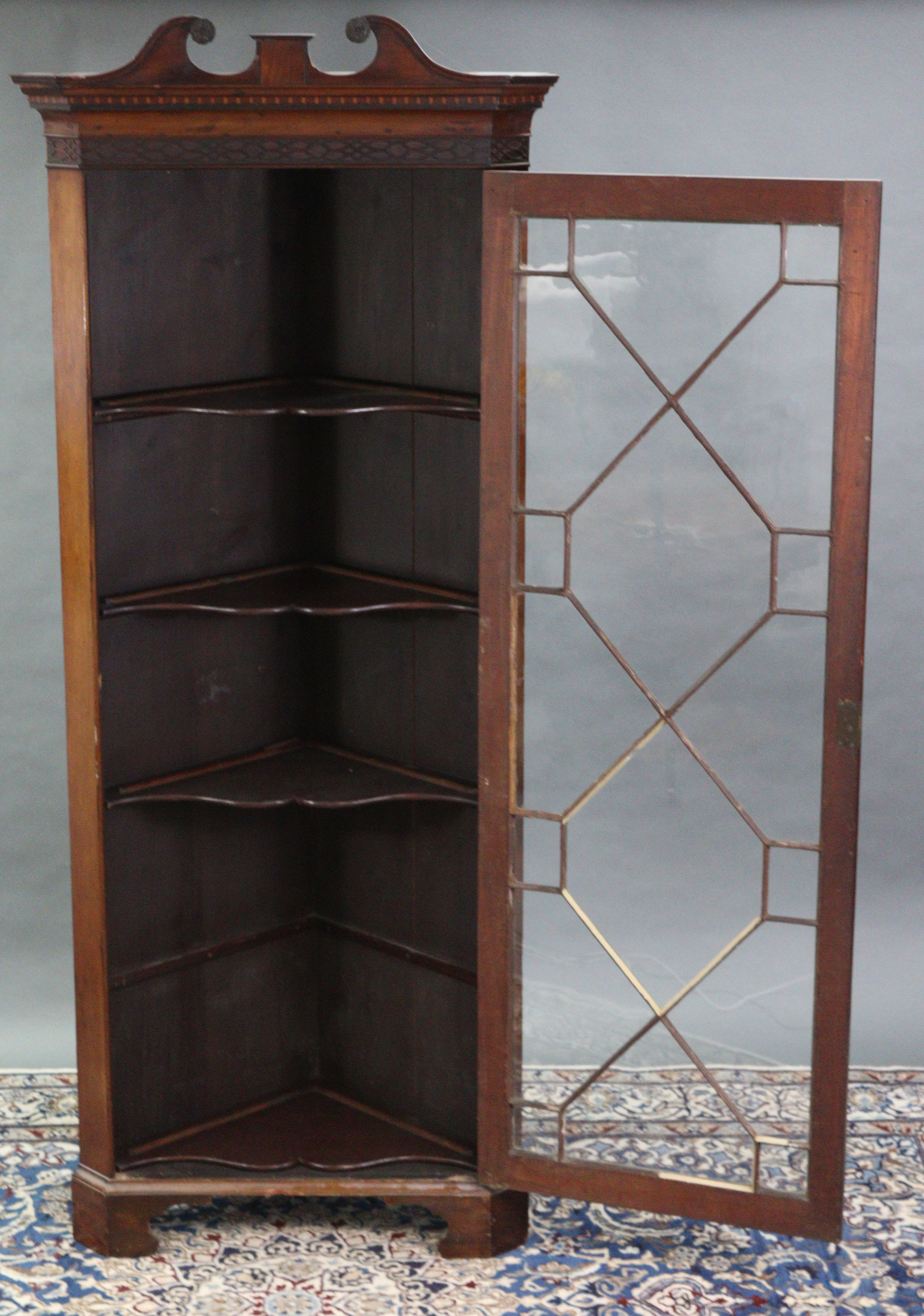 A 19th century mahogany standing corner cabinet, with broken-arch swan-neck cornice above - Image 2 of 2