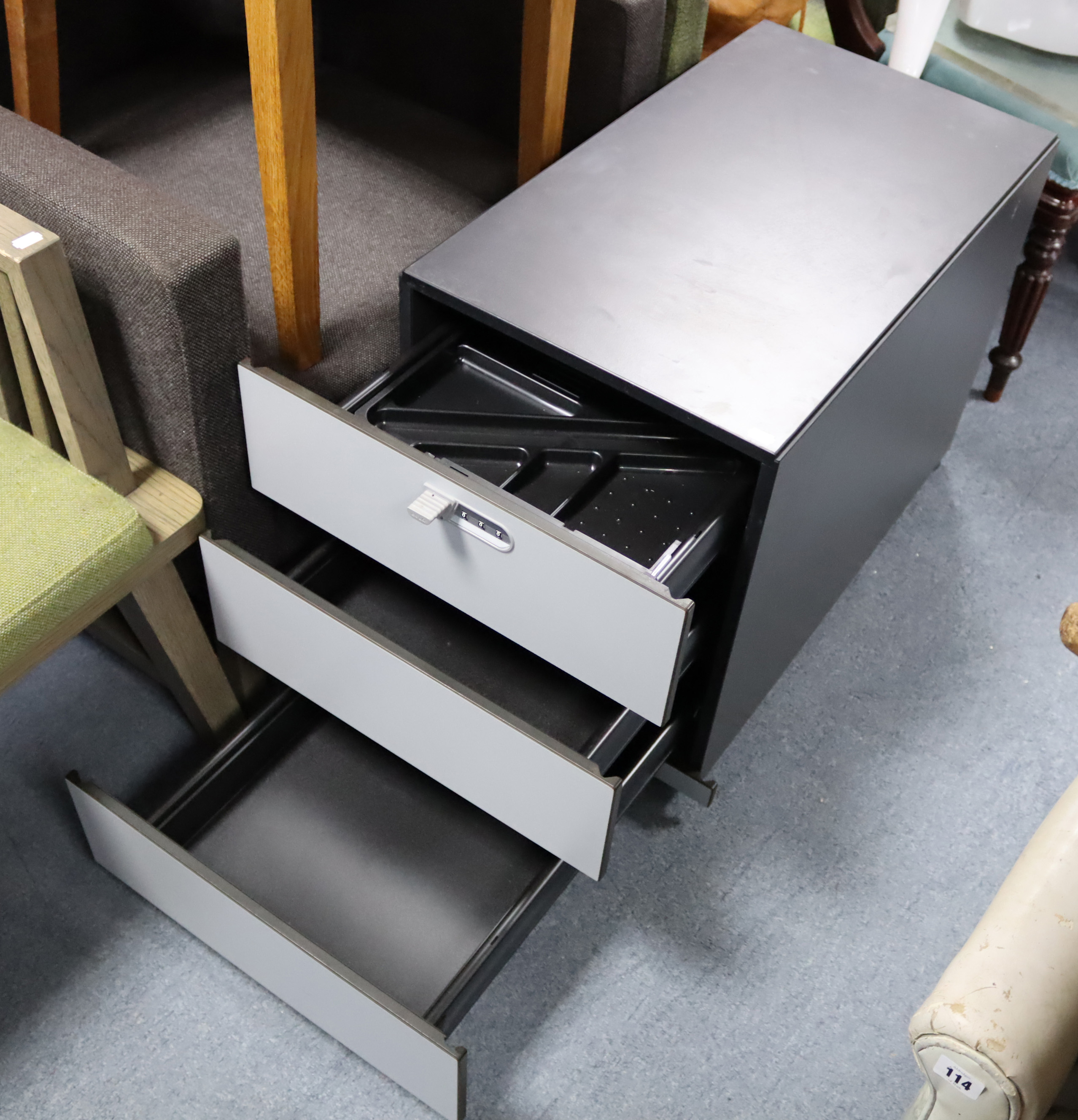 A modern silvered-metal swivel office chair; & a dwarf three-drawer filing chest. - Image 3 of 3