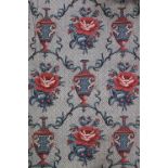 A pair of lined & interlined curtains with printed vase & flower design; 38” wide x 8’ 10” drop.
