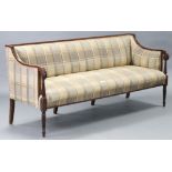 A GEORGE III MAHOGANY FRAME SETTEE, with fluted top-rail & downswept scroll arms curved roundels,