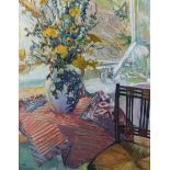 THEA DUPAYS (contemporary). A room interior with a large jug of mixed flowers on a table-top covered