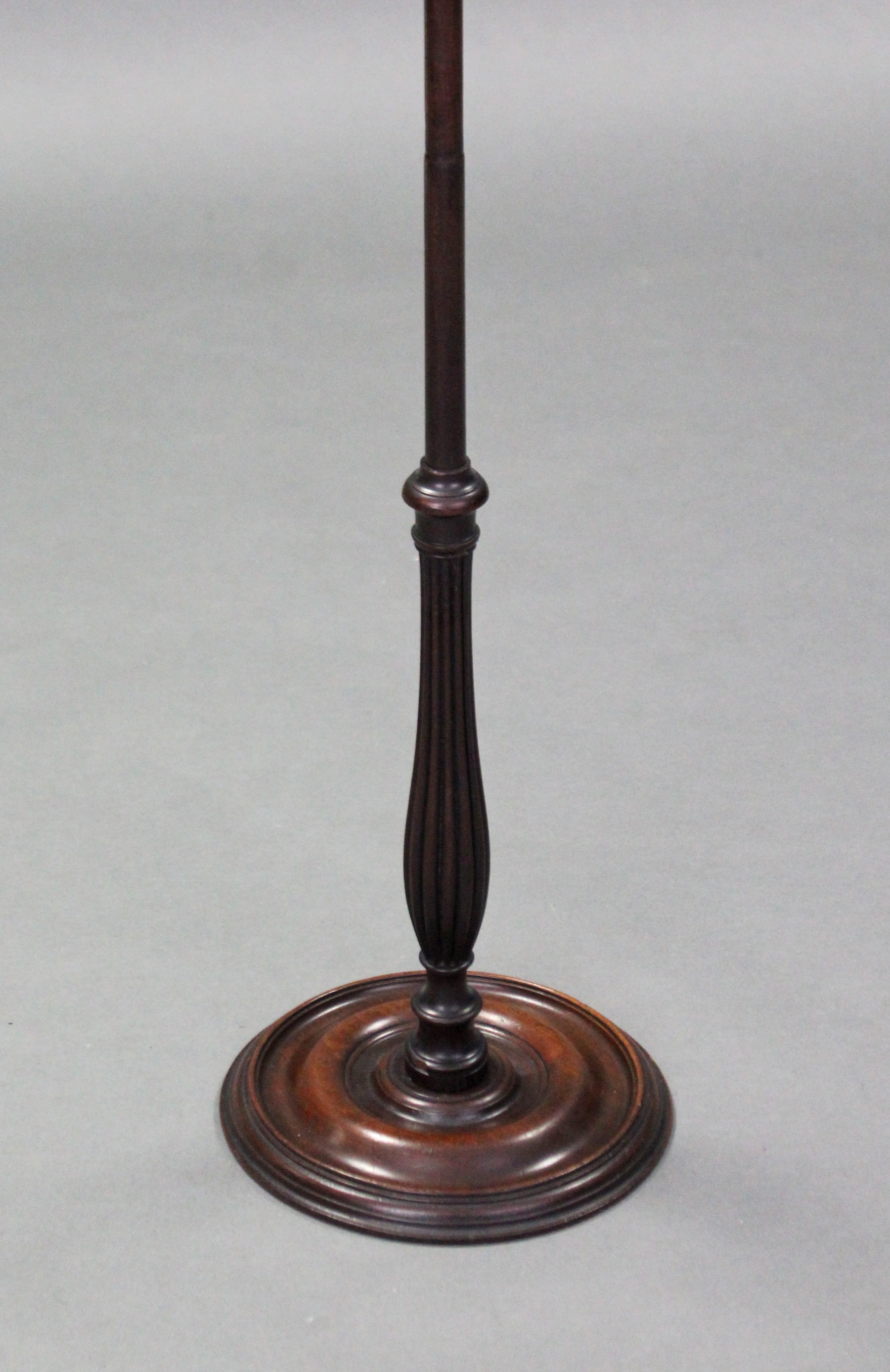 A Victorian mahogany pole banner screen inset oval floral needlework panel, on reeded baluster - Image 3 of 3