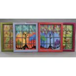 A set of five hand painted leaded glass panels, each with landscape/animal decoration, in painted