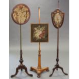 A William IV burr-walnut pole banner screen, inset floral needlework panel on hexagonal tapered