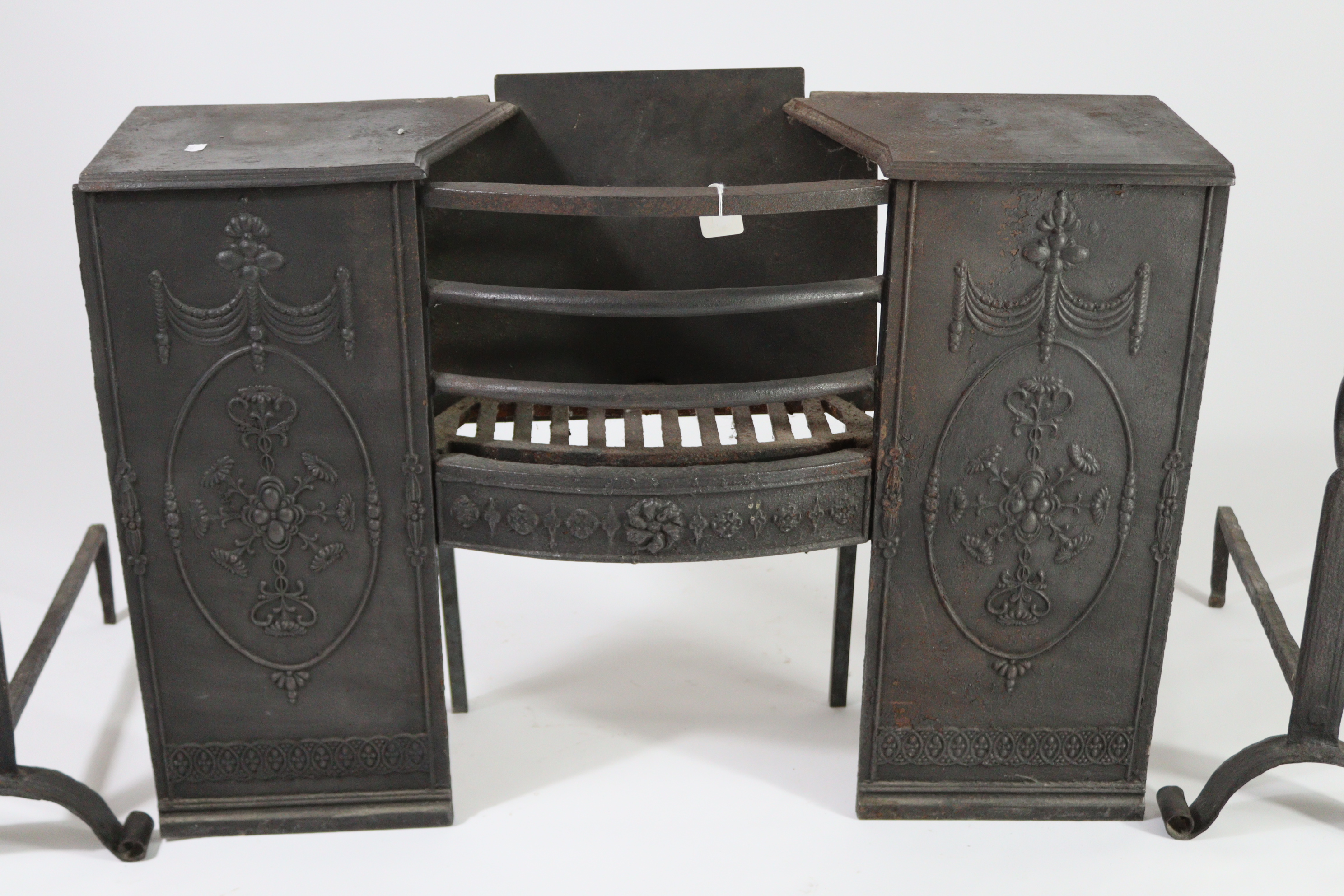 A cast-iron fire grate with Adam-style relief decoration, 35” wide x 24½” high; together with a pair - Image 2 of 4