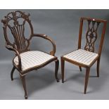 An Edwardian beech splat-back elbow chair with padded seat, & on slender cabriole legs; & a ditto