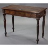 A Georgian-style figured mahogany side table, with moulded overhang top above three frieze