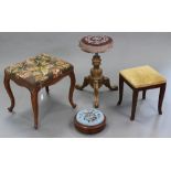 A Victorian adjustable stool with circular beadwork seat, on carved centre column & three cabriole