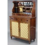 A Regency rosewood chiffonier, fitted two frieze drawers above a pair of brass grille doors with