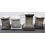 Four various reconstituted stone square garden urn pedestals, 25”, 19½”, & 18½” high.