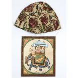 A Chinese silk embroidered cap with multi-coloured floral decoration; & an Indian painting on silk