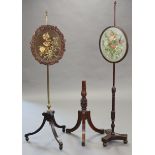 A Victorian pole banner screen, inset oval floral needlework panel to the foliate carved glazed