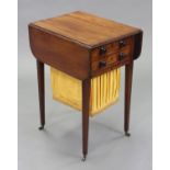 A regency inlaid mahogany small drop-leaf work table, with rounded corners & reeded edge, fitted
