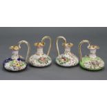Four Bloor Derby porcelain squat round ewers with floral-encrusted & gilt decoration, two of white